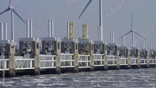 Oosterscheldekering dam with wind wheels in the Netherlands