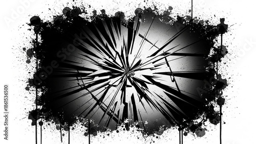 Black and gray abstract explosion design element with splatters for creative projects