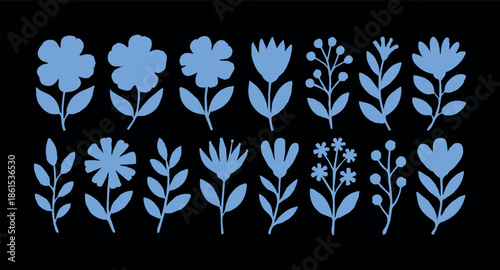 Stylized Blue Flower Icons on Black Background in Rows