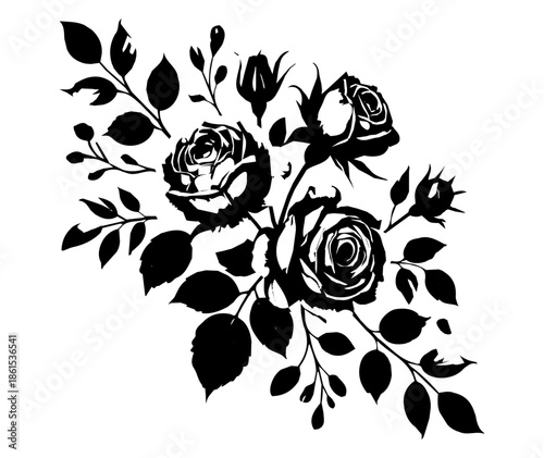 Blooming Rose Silhouette with Leaves and Buds in Arrangement