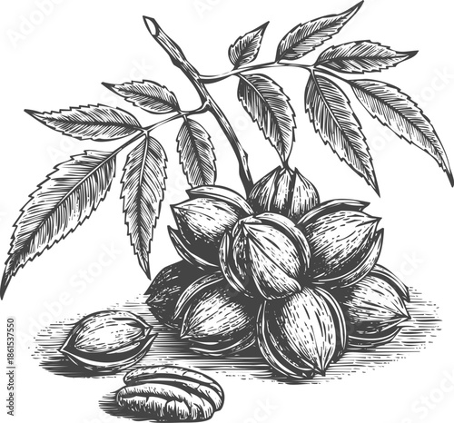 Botanical illustration almonds leaves sketch engraving art transparent and eps