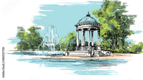 Elegant Gazebo with Fountain in Background - Vector Illustration
