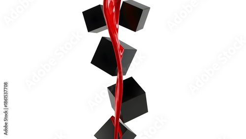 Red liquid flowing through cubes isolated on transparent background