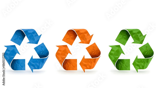 Three recycling symbols in blue, orange, and green isolated on transparent background