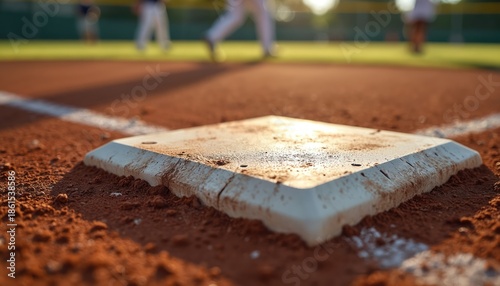 Baseball first base on dirt field with players running in background. Diamond sport game, grassy outfield, sunny day. Pro play, training activity.