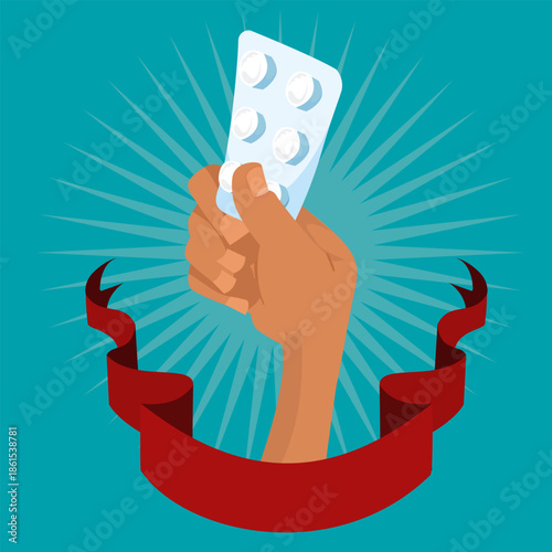 Raised fist holding pill blister symbolizing access to medication and healthcare