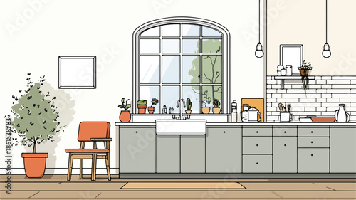 Modern kitchen with a stylish window, perfect for interior design inspiration