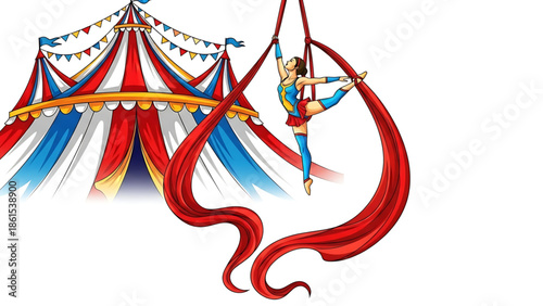 A woman performs an aerial acrobatic stunt in a colorful circus tent with a red silk ribbon