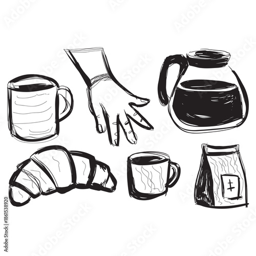 Morning Coffee Set: A hand-drawn illustration captures the essence of a tranquil morning, presenting a cozy setup of coffee, croissant and the morning essentials.