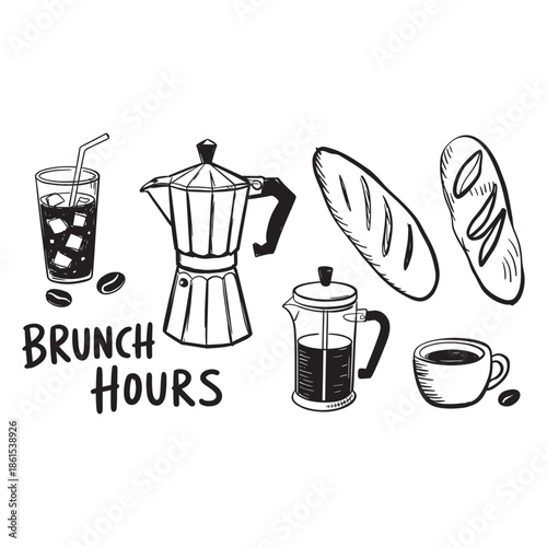 Brunch Hours Doodle: Delightful line art showcases brunch essentials, from refreshing iced coffee to freshly baked bread. Ideal for food bloggers, culinary enthusiasts, or café promotions.