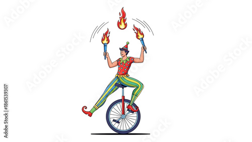 A cartoon performer rides a unicycle while juggling flaming torches with skill and precision.