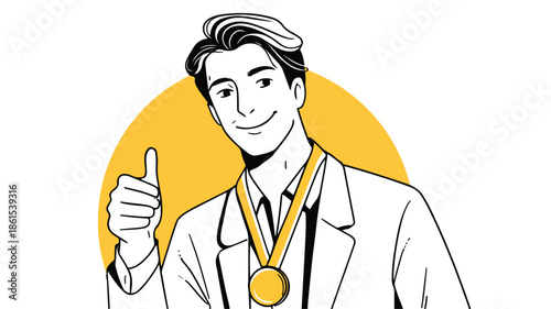 Professional Employee Holding Gold Medal Vector Illustration