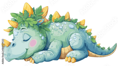 Cute Baby Dinosaur Sleeping on White Background with Outline