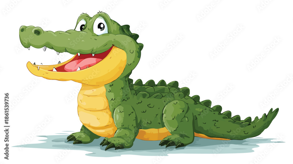 Fototapeta premium Cheerful Baby Crocodile Cartoon Character with Outline Isolated on White Background