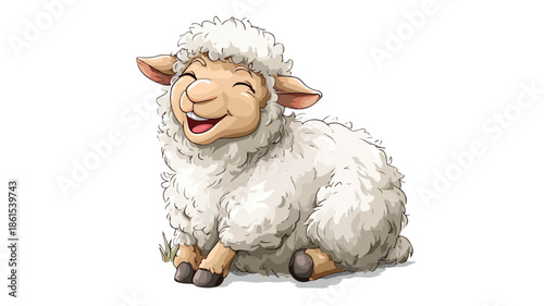 Charming Cartoon Sheep Sitting and Smiling in Vector Pose with Outline