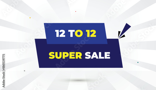 12 to 12 super sale editable eps format web banner vector art illustration template design deep blue shapes yellow bold font white gray gradient abstract illustration sun shine business background 4k 