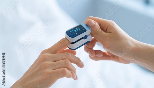 Close-up of a finger pulse oximeter on a finger.