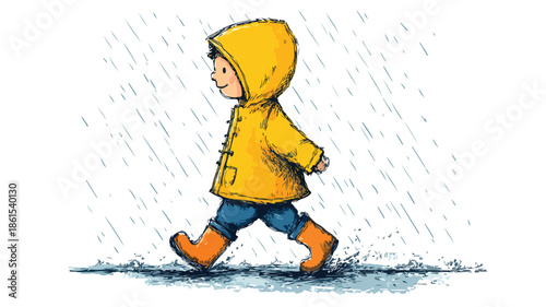 Adorable Boy Running in Raincoat and Boots Under Rain Vector Illustration