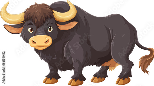 Adorable Cartoon Bull on White Background with Outline - Vector Illustration