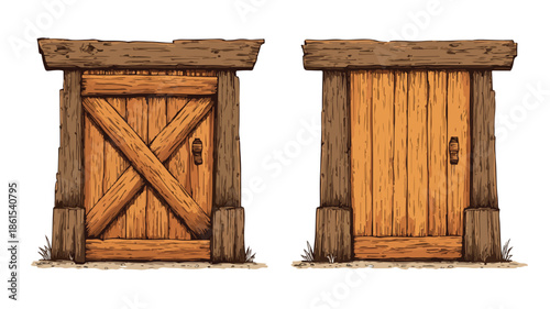 Rustic Wooden Door Cartoon Vector Illustration with Woodgrain Texture