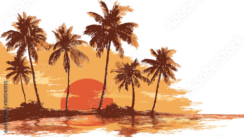 Tropical Sunset Beach with Palm Trees and Vector Illustration of Sunset