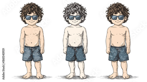 Three Images of a Boy in Swim Trunks and One in Swim Cap