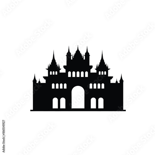 Majestic castle silhouette with towers and archway in black