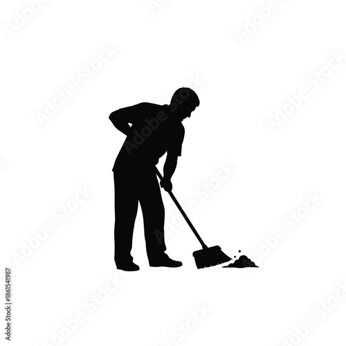Man sweeping floor with broom in cleaning task silhouette