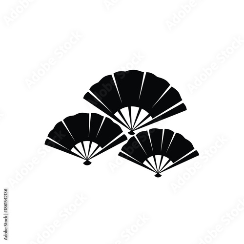 Three elegant black hand fans on white background