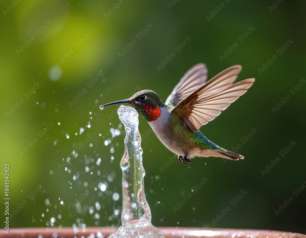 Fototapeta premium Small hummingbird drinks water from fountain mid-air. Wings blurred motion, iridescent green feathers gleam. Bird hovers near water jet spray in summer garden.