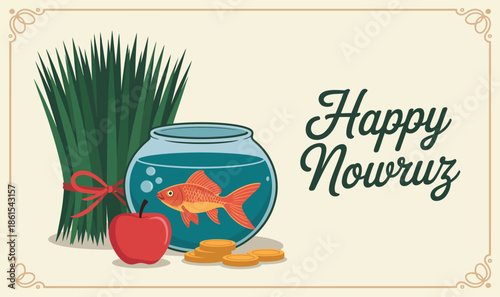 happy nowruz greeting card with haft-sin elements including goldfish, sprouted wheat, red apple, and gold coins