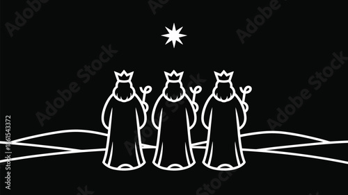 Three Wise Men Following the Star of Bethlehem to the Nativity Scene - Epiphany and Christmas Illustration