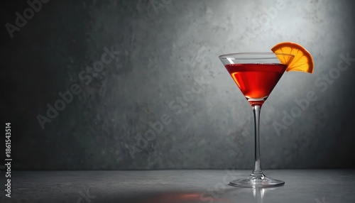 Red cocktail in martini glass with orange slice garnish. Minimalist drink prepared for enjoyment. Refreshing beverage served at bar with textured background. Classic aperitif ready for consumption.