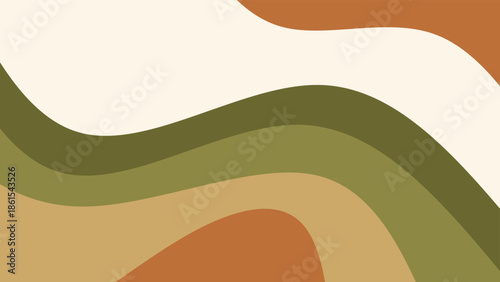Abstract earth tone wavy background. Minimalist boho olive green and terracotta liquid curves in paper cut style. Retro 70s nature landscape wallpaper.