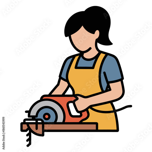 Female carpenter uses a handheld circular saw to cut lumber on a workbench, isolated on a white background for design.