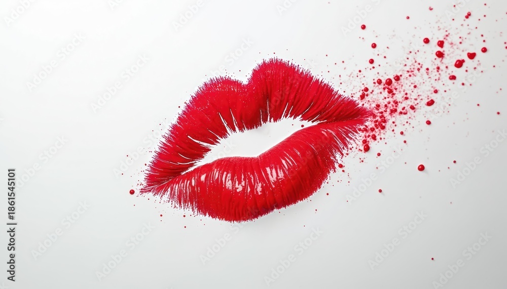 Fototapeta premium Bold red lipstick kiss print splatters dynamically across a clean white background. This vibrant graphic symbolizes passion, love, and beauty, ideal for cosmetic or romantic promotions.