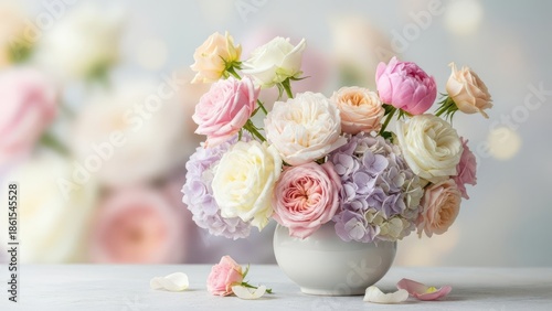 Beautiful elegant bouquet arrangement of mixed pastel roses and lilac hydrangeas presented in small round white vase on table