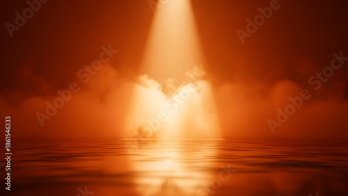 Dramatic Illumination: A powerful spotlight beam pierces through an atmospheric haze, casting an ethereal glow over a reflective surface, creating a scene of mystery and drama.