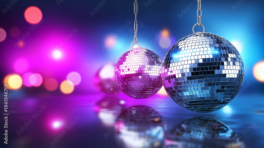 Obraz premium Disco mirror balls hanging with colorful lights creating festive nightlife and party atmosphere. 