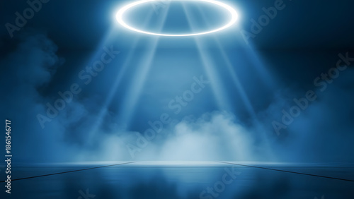 Illuminated Stage with Light Beams: A captivating image showcases a stage bathed in an ethereal glow, with bright light beams descending from an illuminated halo.
