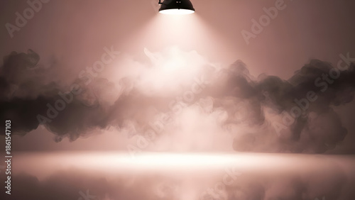 Illuminated Serenity: A theatrical spotlight pierces through a mysterious mist, illuminating an empty stage with an ethereal glow, invoking a sense of anticipation and drama.