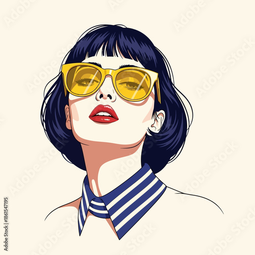 Young Woman Wearing Sunglasses and Striped Scarf.