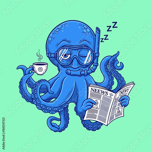 Octopus Reading Newspaper with Coffee and Snorkel.