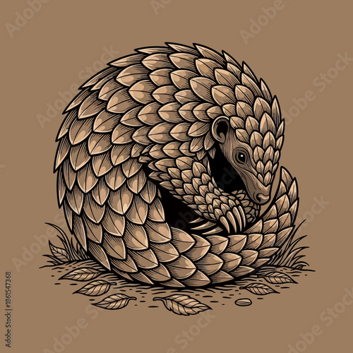 Pangolin curled up in defensive position.