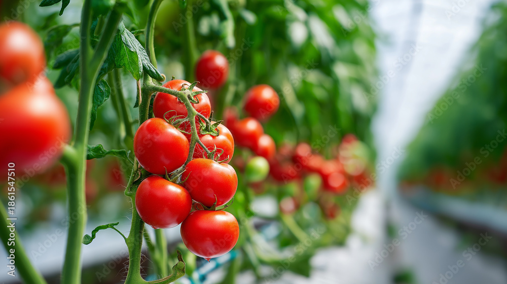 Fototapeta premium Ripe red tomatoes growing on vine inside modern greenhouse. 