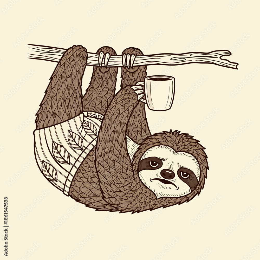 Obraz premium Sloth Hanging from Branch with Coffee Mug.