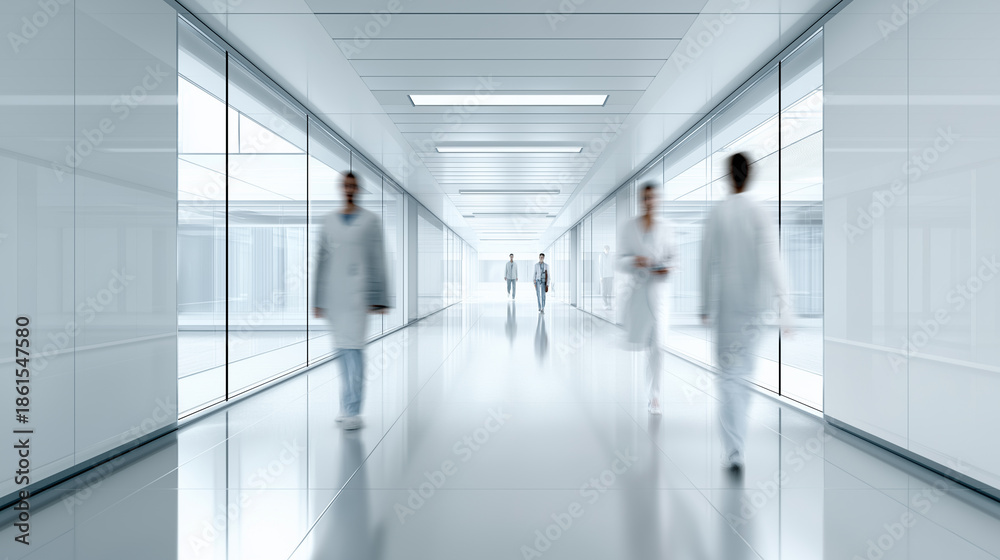 Fototapeta premium Medical staff walking through hospital corridor representing healthcare teamwork. 