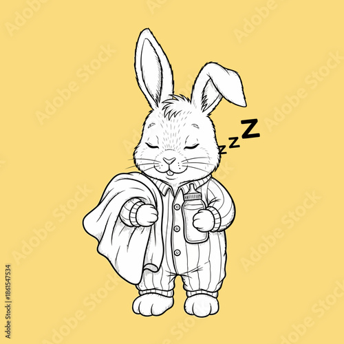 Sleeping Cartoon Rabbit in Pajamas Illustration.