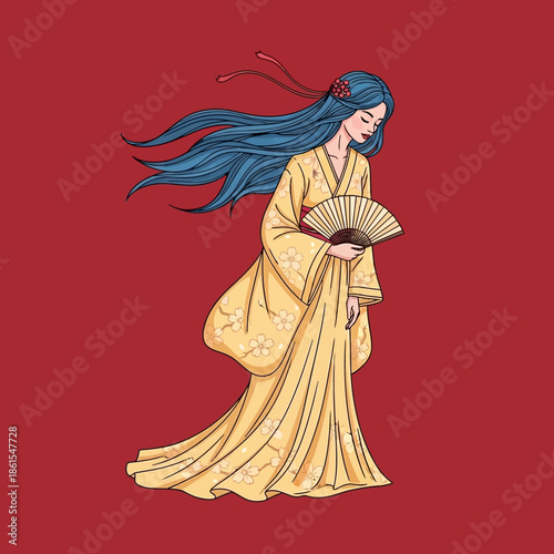 Woman in Traditional Yellow Robe Holding Fan.