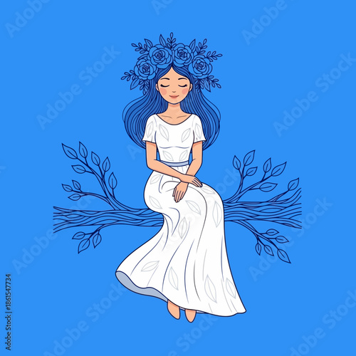Woman in White Dress with Blue Hair.